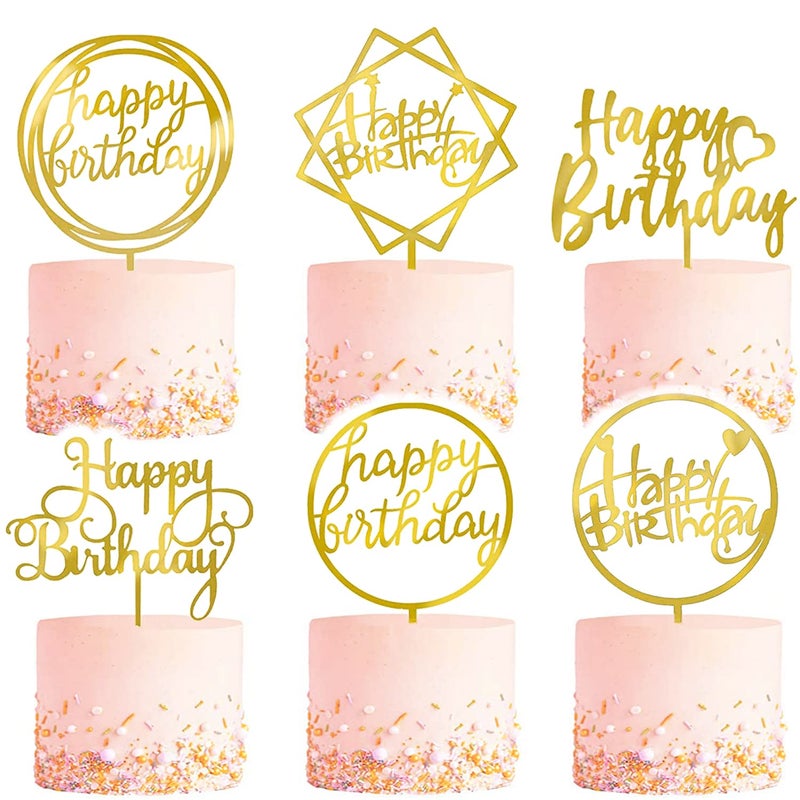 LetsCake 6-Pack Gold Cake Topper Set, Double-Sided Glitter, Acrylic Happy Birthday Cupcake Toppers, Birthday Decorations for Children or Adults. - Image 1